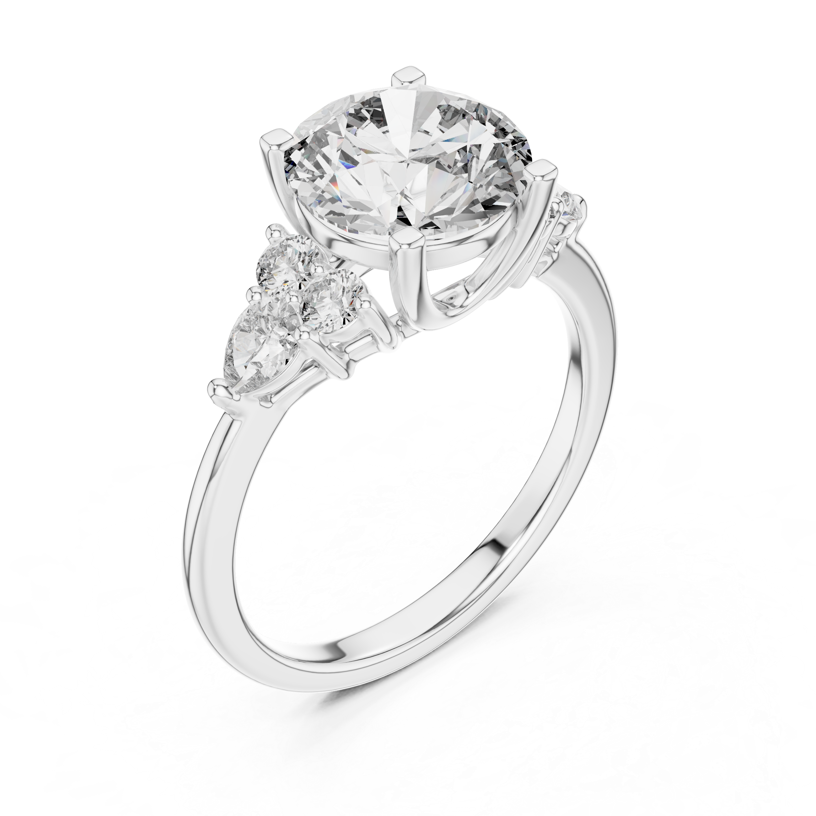 Diamond ring with a central gemstone and two smaller stones on a white background